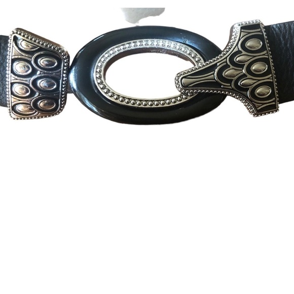 Chico’s Statement Silver Black Metal Buckle Adjustable Black Leather Belt M/L main image 9